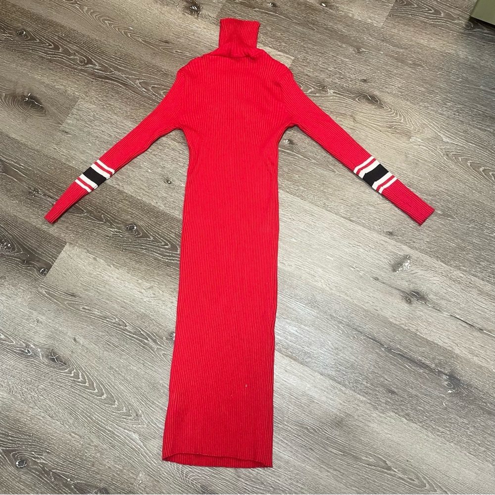 Red Soccer Sweater Dress Rib knit Turtleneck Long Sleeved Size small